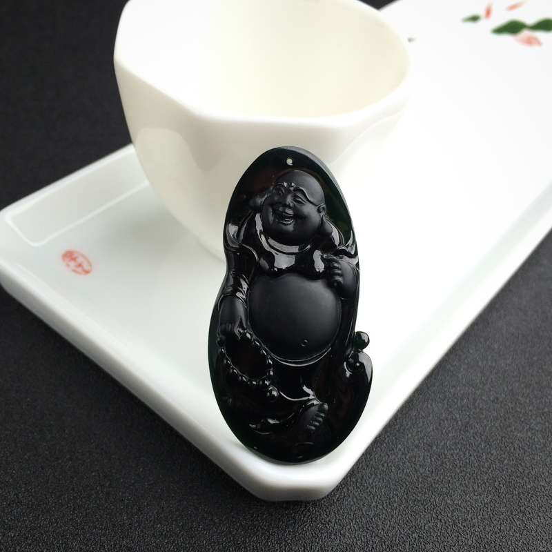 冰糯种墨翠弥勒佛吊坠-红掌柜