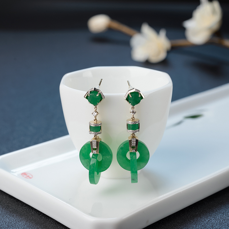 18K金镶钻缅甸天然糯种满绿翡翠耳坠-红掌柜