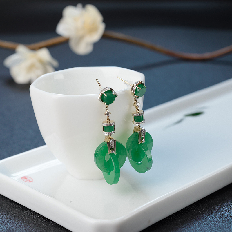 18K金镶钻天然糯种满绿翡翠耳坠-红掌柜