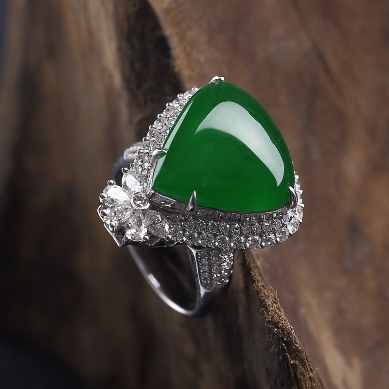 缅甸天然18K金镶钻糯种翠绿翡翠-红掌柜