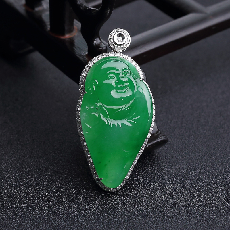 18K金镶钻糯冰种阳绿翡翠佛吊坠-红掌柜