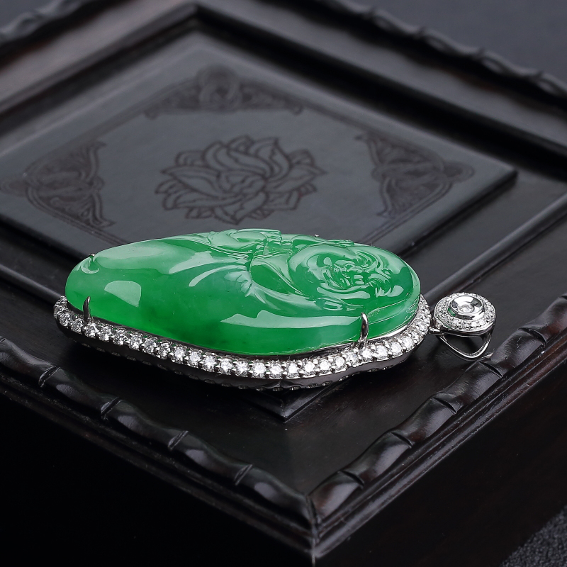 18K金镶钻糯冰种阳绿翡翠佛吊坠-红掌柜