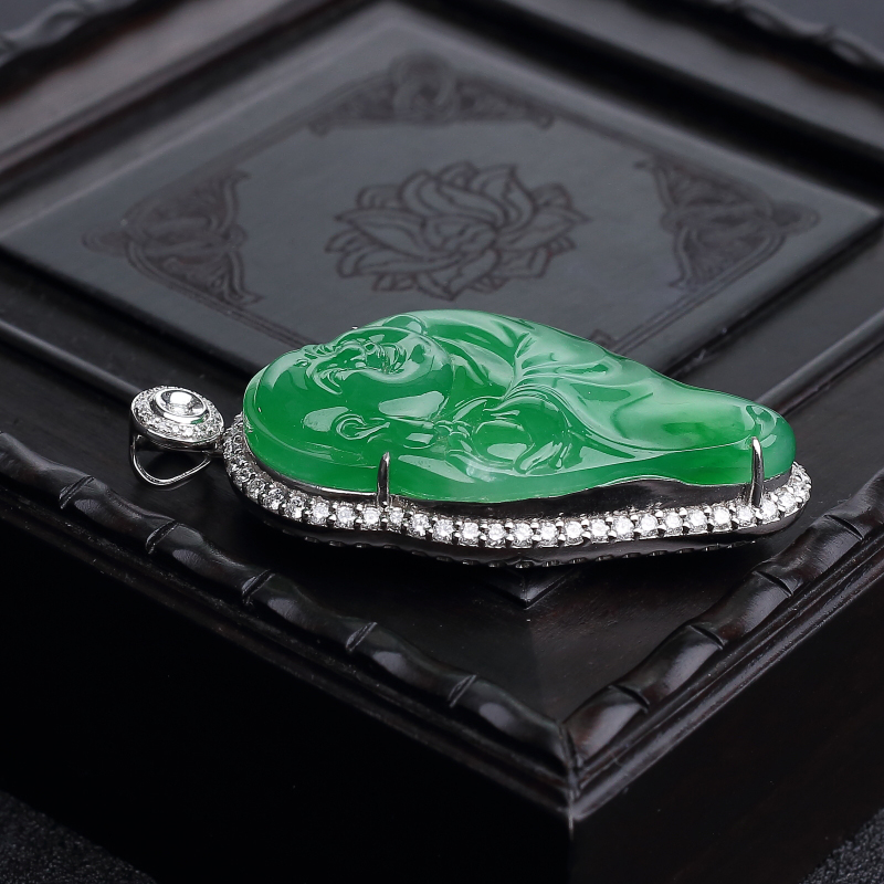 18K金镶钻糯冰种阳绿翡翠佛吊坠-红掌柜