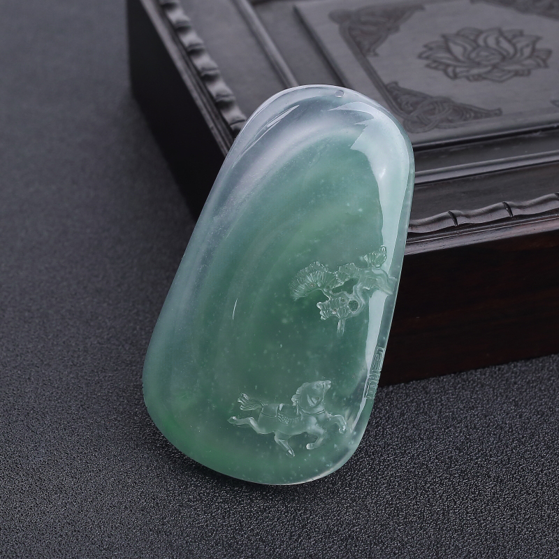 天然糯冰种晴水翡翠一马平川吊坠-红掌柜