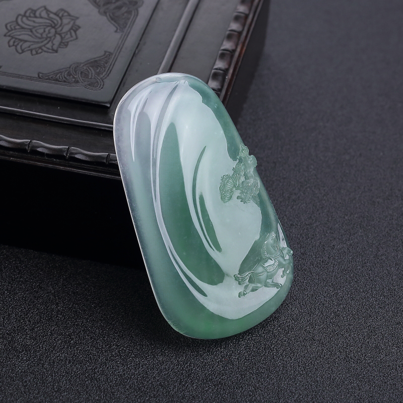 缅甸糯冰种晴水翡翠一马平川吊坠-红掌柜