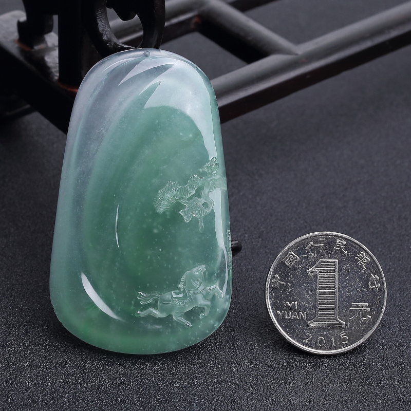 天然糯冰种晴水翡翠一马平川吊坠-红掌柜