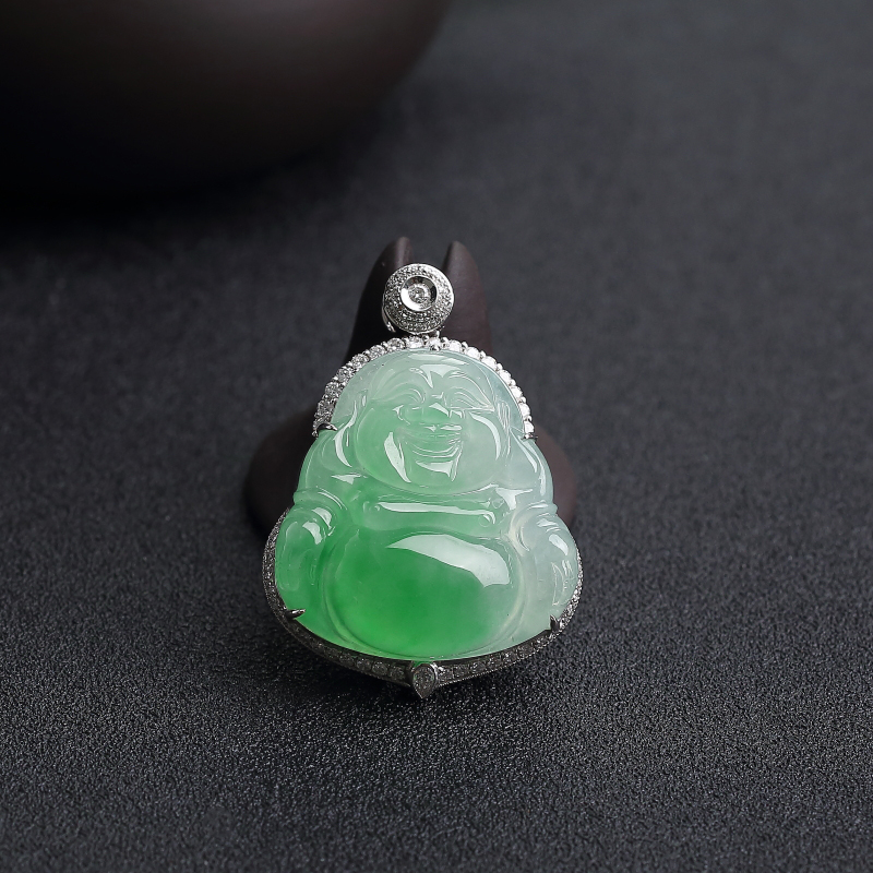 18K镶钻天然糯冰种翠色翡翠佛吊坠-红掌柜