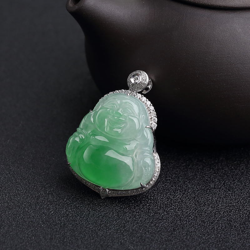 18K镶钻糯冰种翠色翡翠佛吊坠-红掌柜