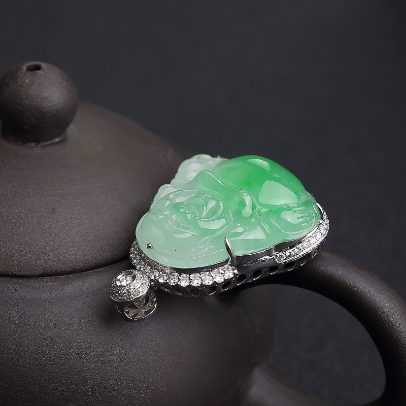 18K镶钻天然糯冰种翡翠佛吊坠-红掌柜