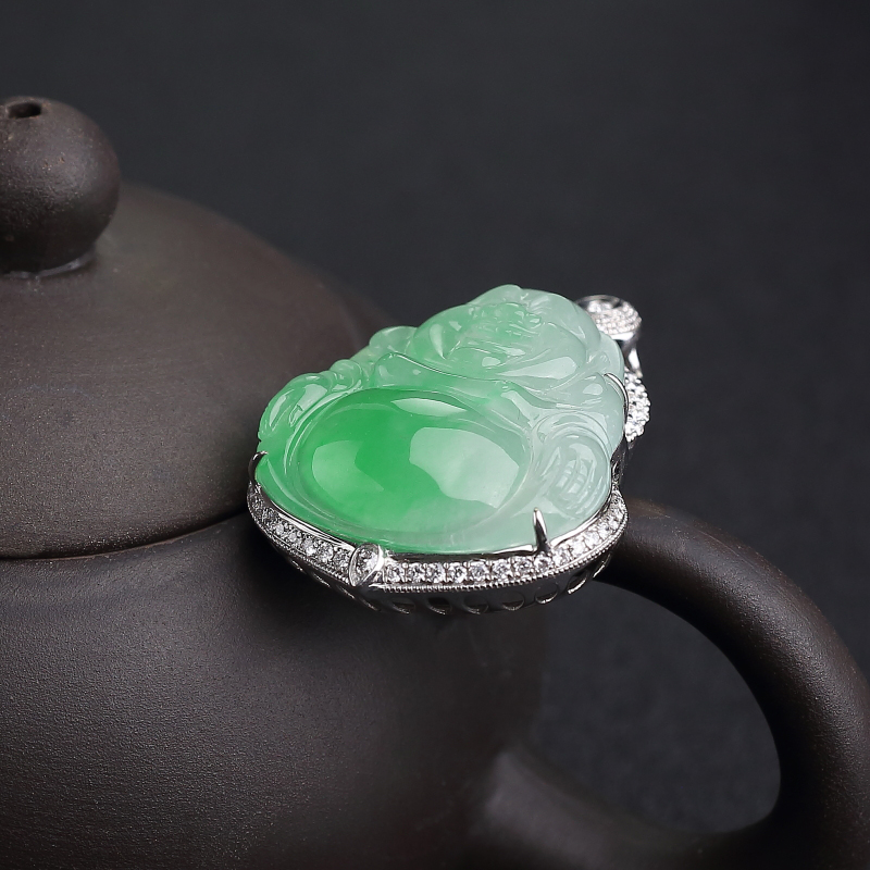 18K镶钻天然糯冰种翠色翡翠吊坠-红掌柜