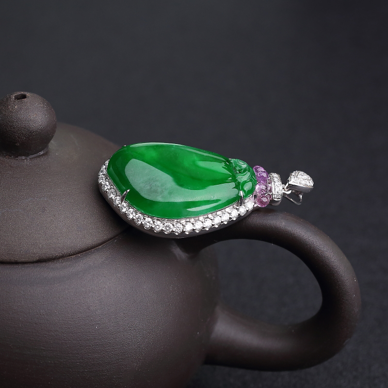 18K镶钻缅甸天然翠色翡翠福瓜吊坠-红掌柜