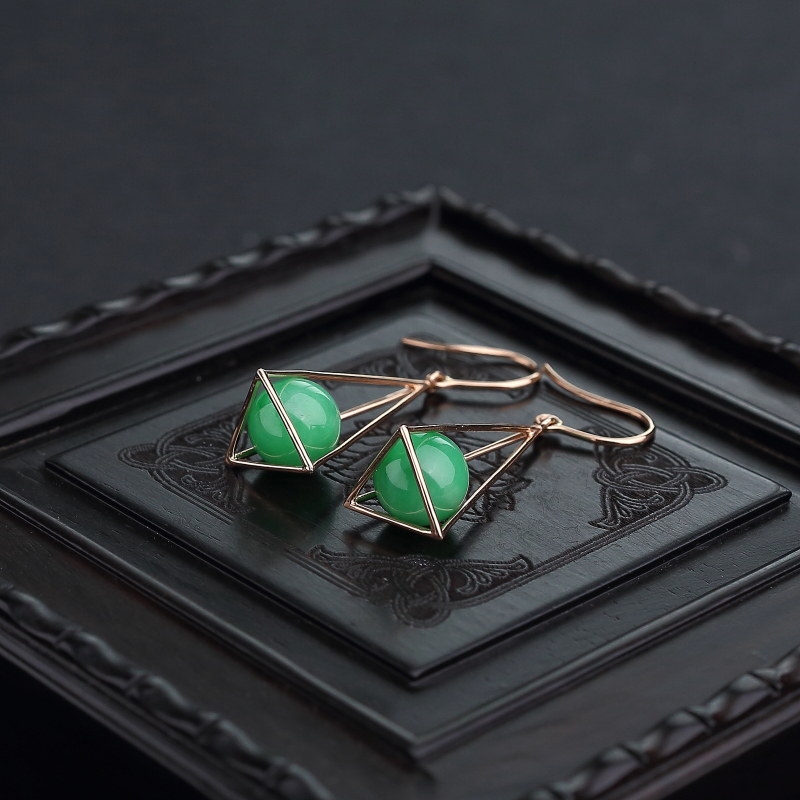 18K金镶天然翠色翡翠圆珠耳坠-红掌柜