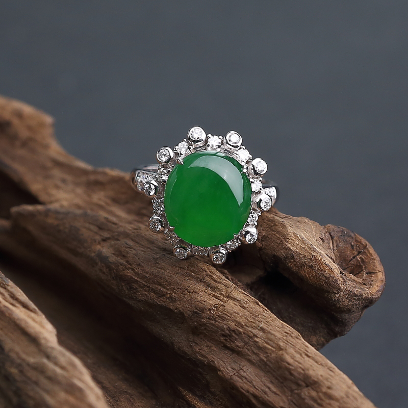 18K金镶钻天然糯冰种翠色翡翠戒指-红掌柜