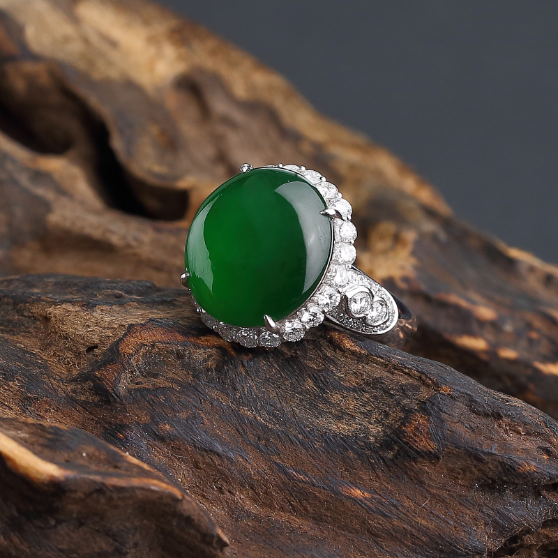 18K金镶钻糯冰种翠色翡翠戒指-红掌柜