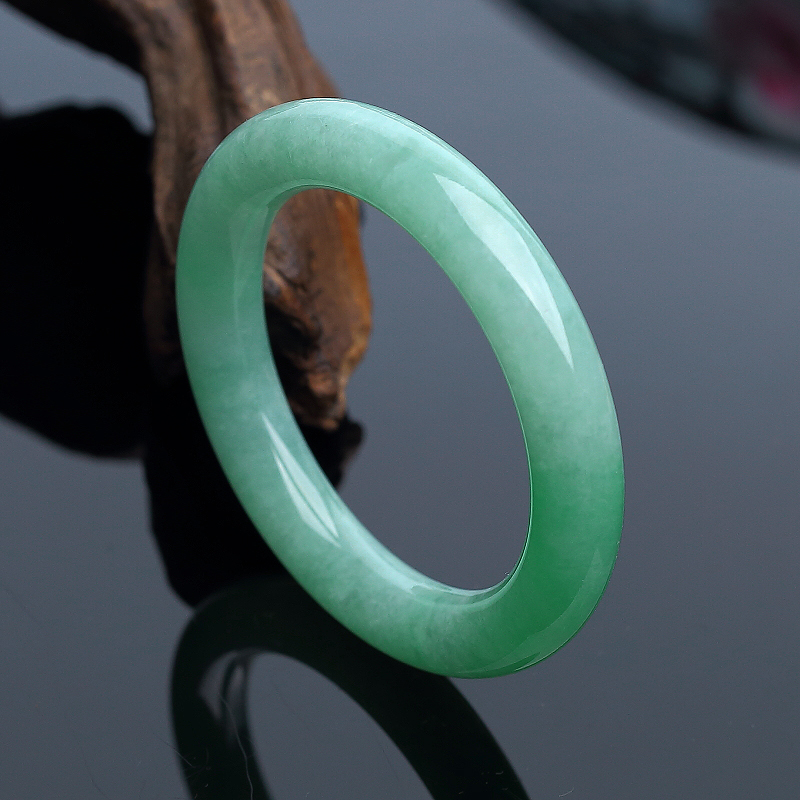 缅甸A货天然糯种翠色翡翠圆镯 - 红掌柜