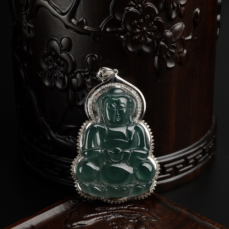 缅甸A货天然18K金镶钻冰种油青翡翠观音吊坠 - 红掌柜