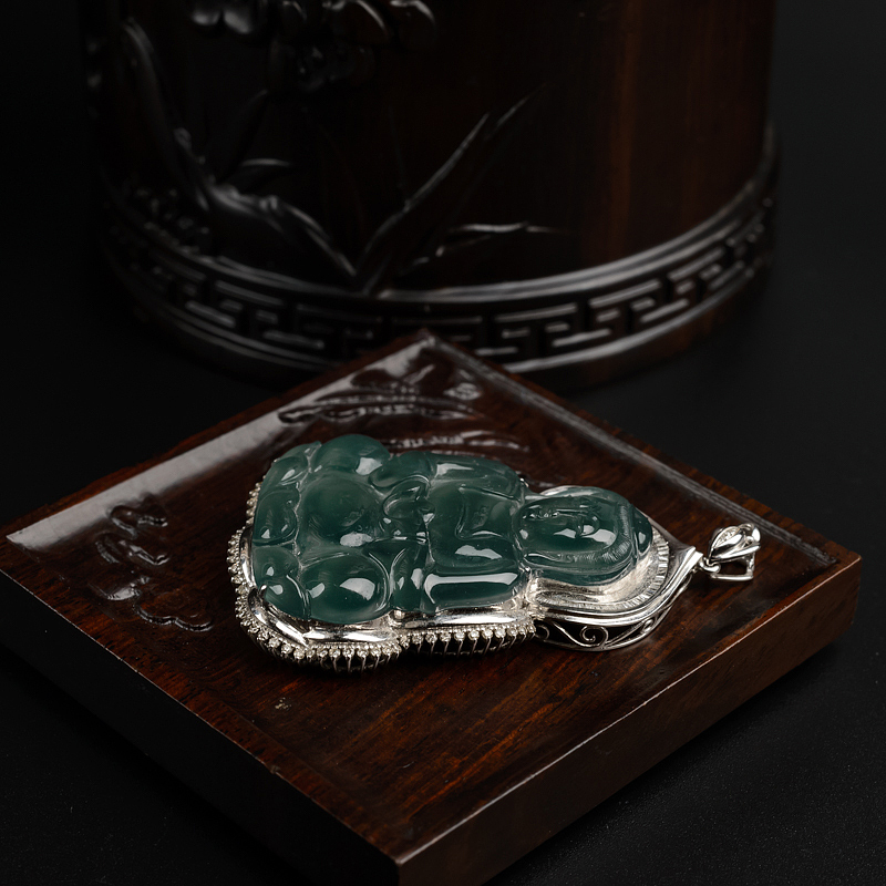 天然18K金镶钻冰种油青翡翠观音吊坠 - 红掌柜