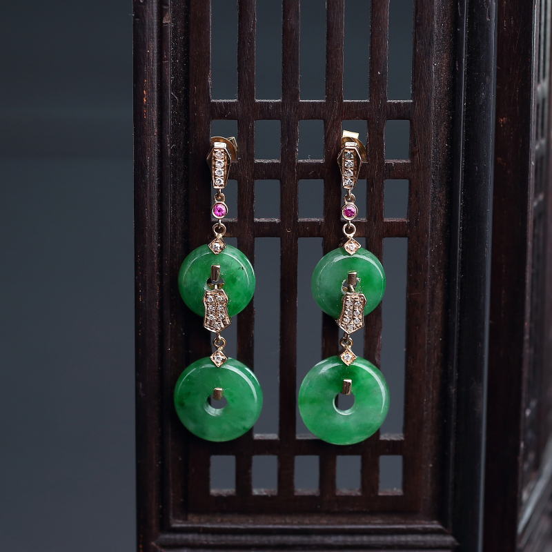 18k镶糯种翠色翡翠耳环-红掌柜