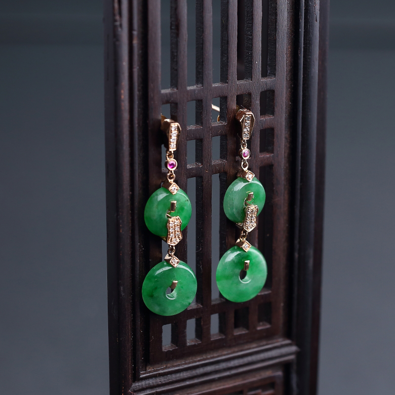 糯种翠色翡翠耳环-红掌柜