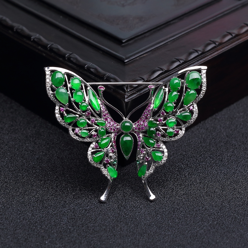 18k镶缅甸A货天然冰种阳绿翡翠蝴蝶胸针 - 红掌柜