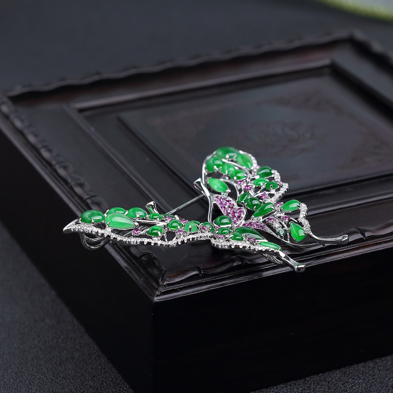 天然冰种阳绿翡翠蝴蝶胸针 - 红掌柜