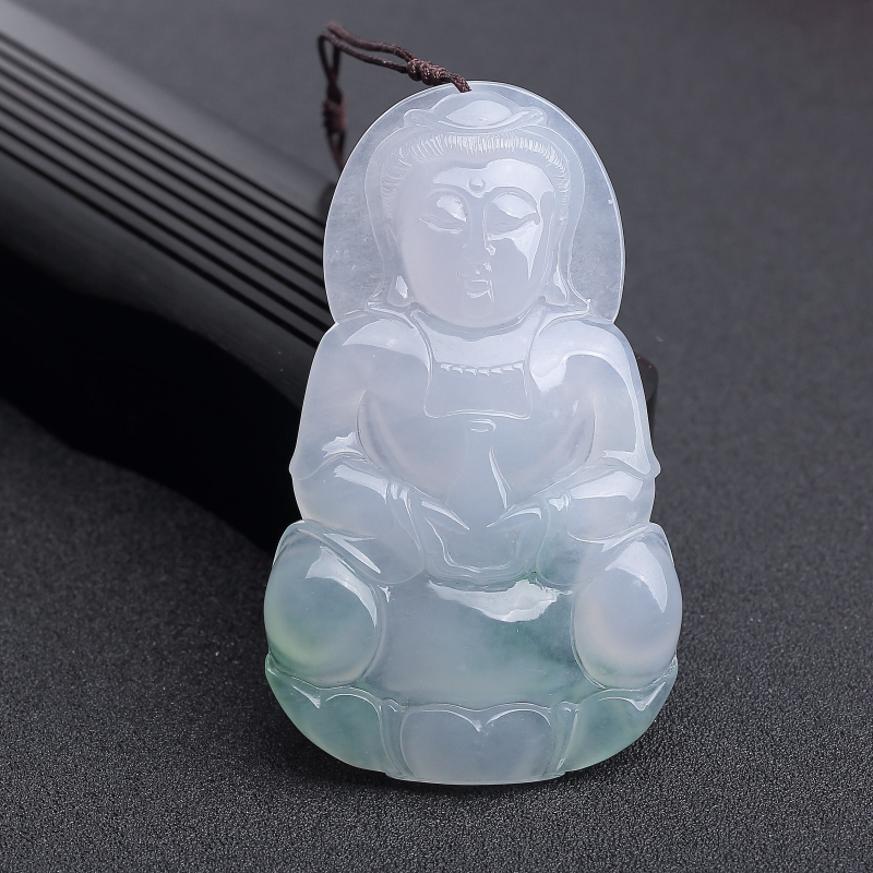 缅甸天然糯冰种飘翠翡翠观音吊坠-红掌柜