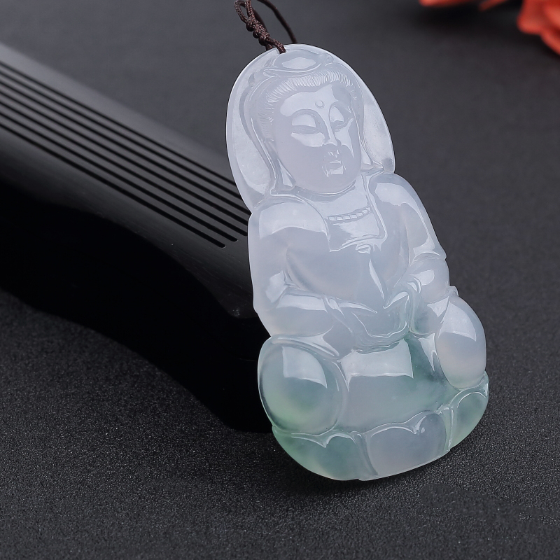 缅甸糯冰种飘翠翡翠观音吊坠-红掌柜