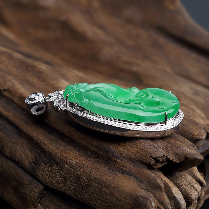18K金镶钻糯种苹果绿翡翠吊坠-红掌柜