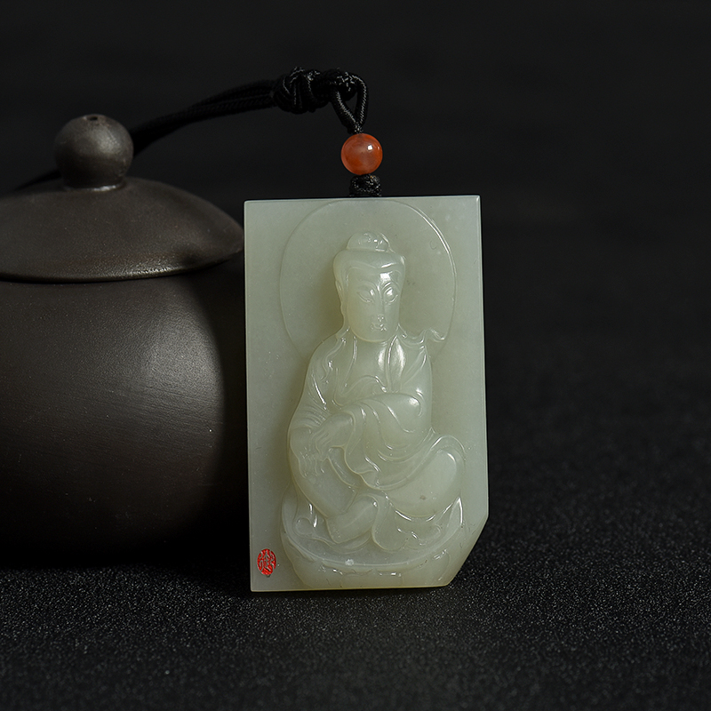 天然新疆和田青白玉籽料观音吊坠-红掌柜