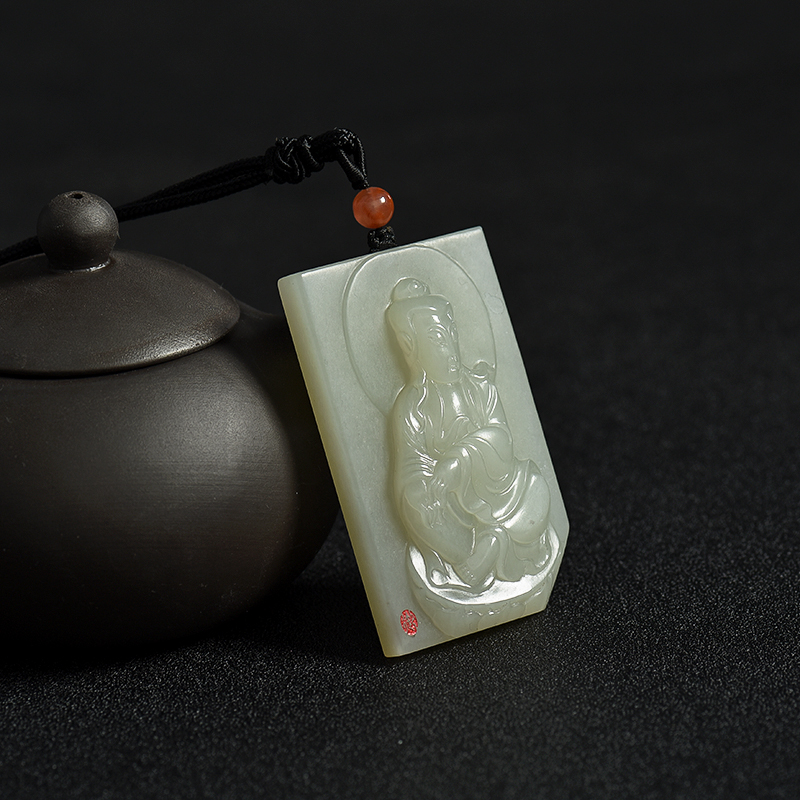 新疆和田青白玉籽料观音吊坠-红掌柜