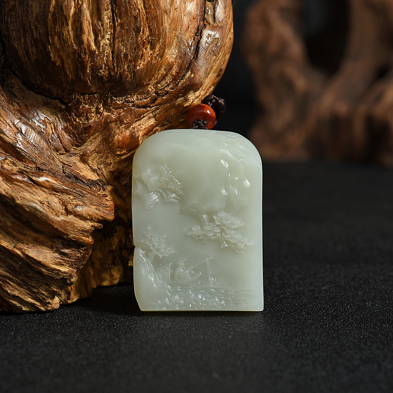 新疆籽料和田青白玉山水吊坠-红掌柜