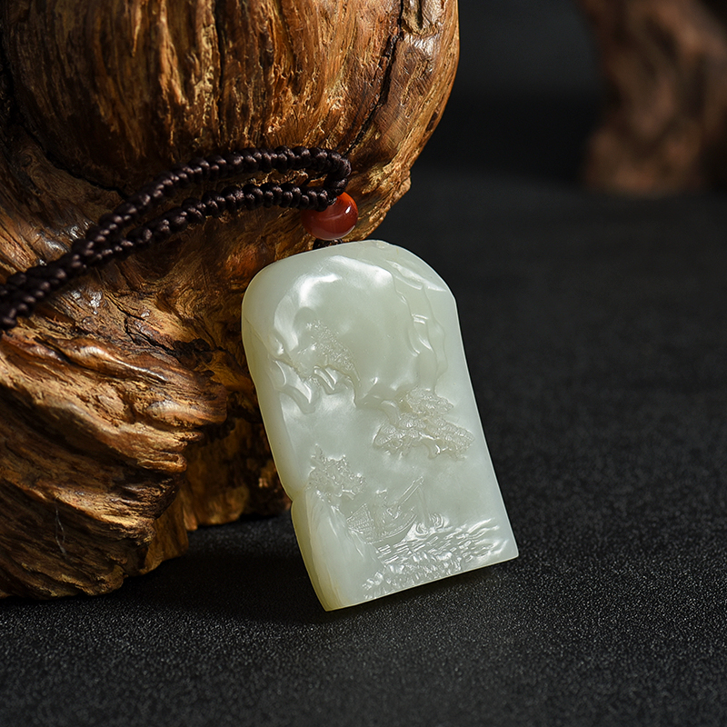 籽料和田青白玉山水吊坠-红掌柜
