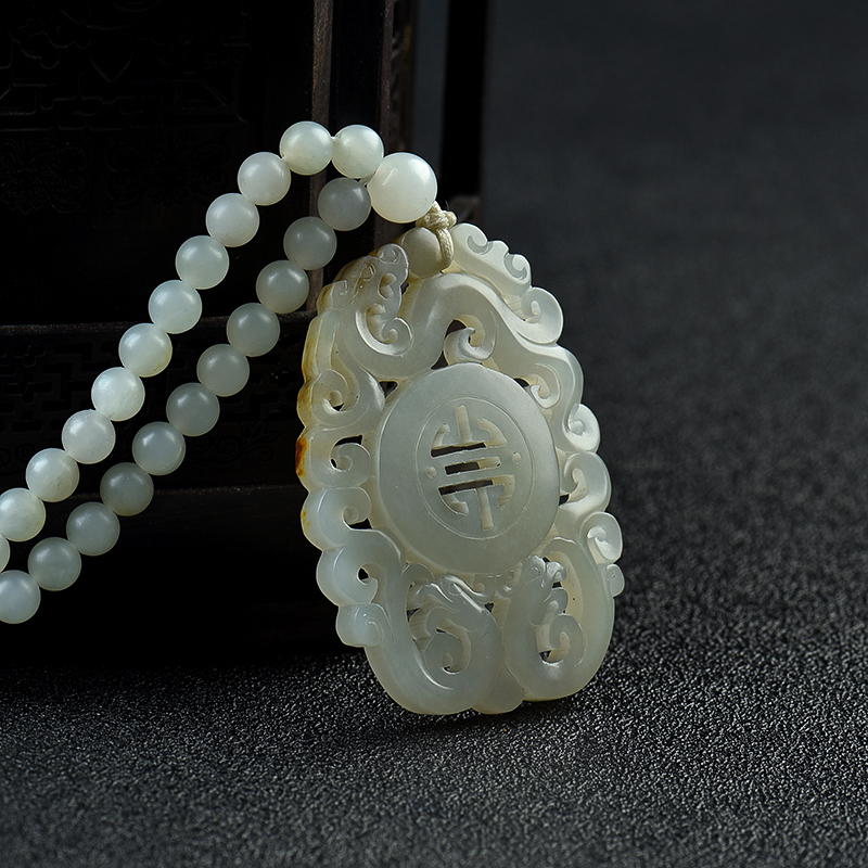 新疆和田白玉籽料仿古龙纹吊坠-红掌柜