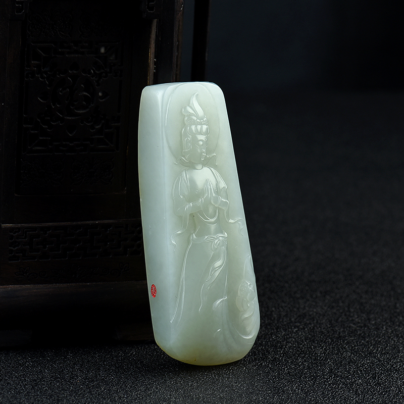 天然籽料和田青白玉侍女吊坠 - 红掌柜