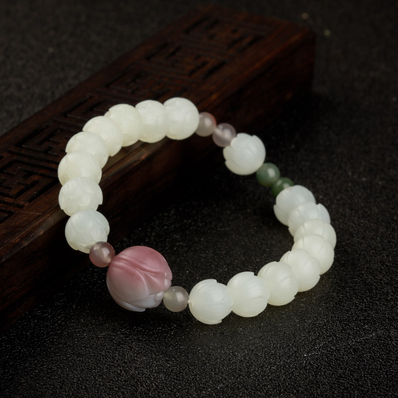 天然白玉山料莲花手串-红掌柜