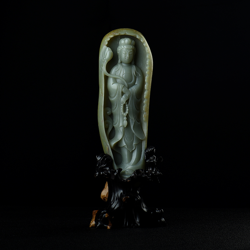 新疆和田青白玉籽料观音摆件-红掌柜