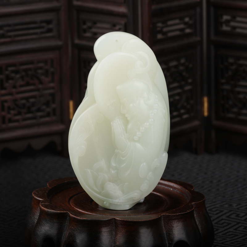 籽料和田白玉花开见佛吊坠-红掌柜