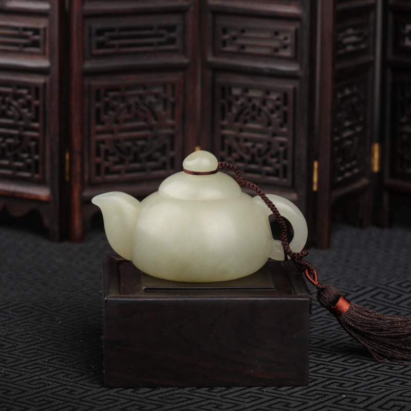 山料和田青白玉把把壶手把件-红掌柜