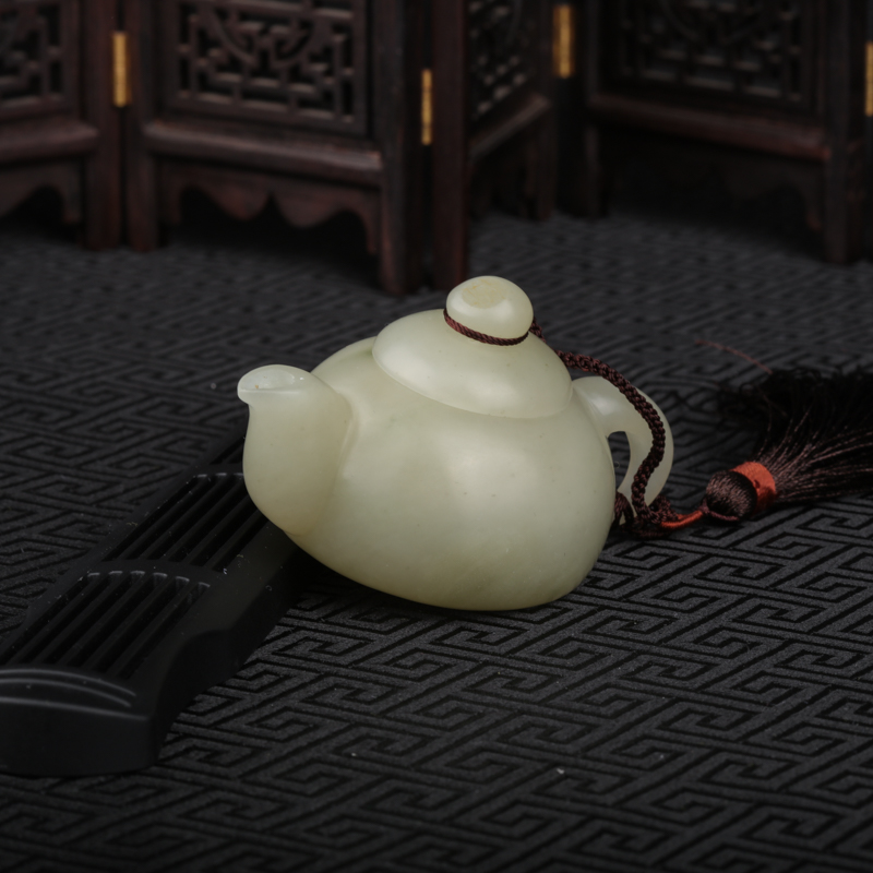 和田青白玉把把壶手把件-红掌柜