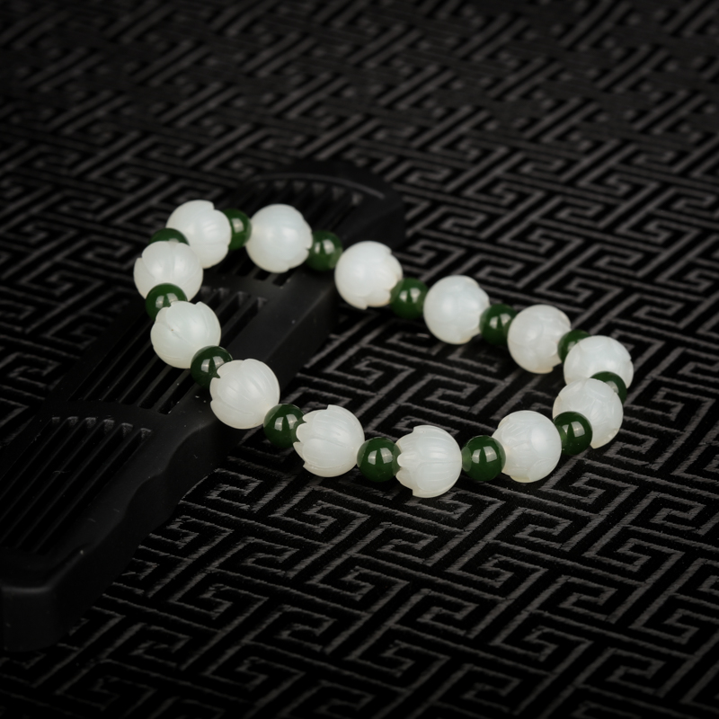 天然山料和田白玉莲花手链-红掌柜