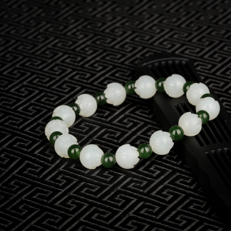 天然和田白玉莲花手链-红掌柜