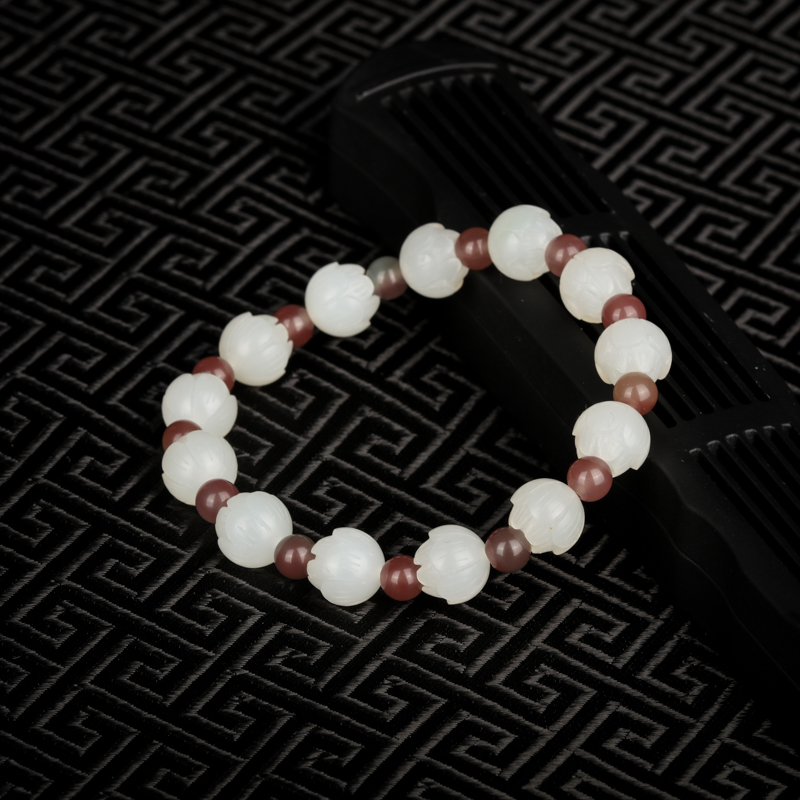 天然山料和田白玉莲花手链-红掌柜