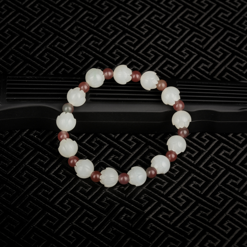 天然和田白玉莲花手链-红掌柜
