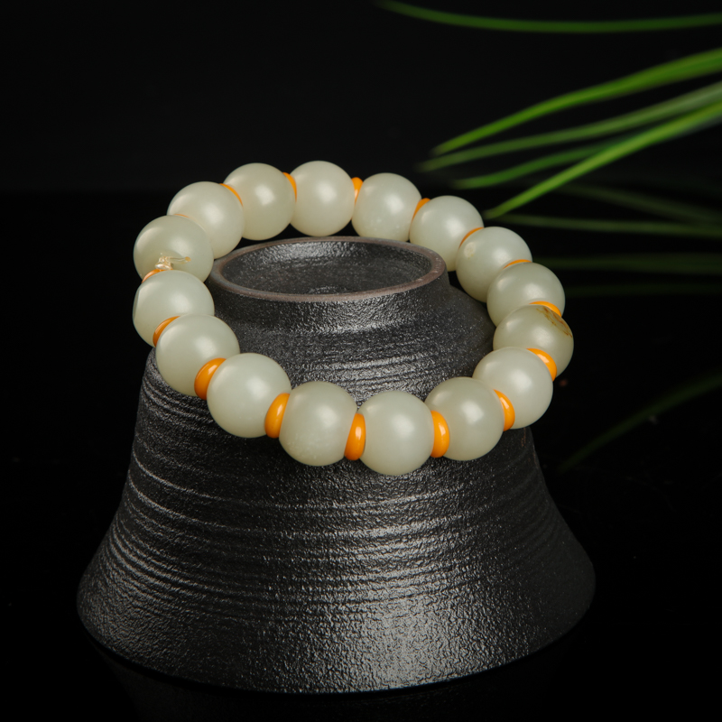 籽料和田青白玉桶珠手串-红掌柜