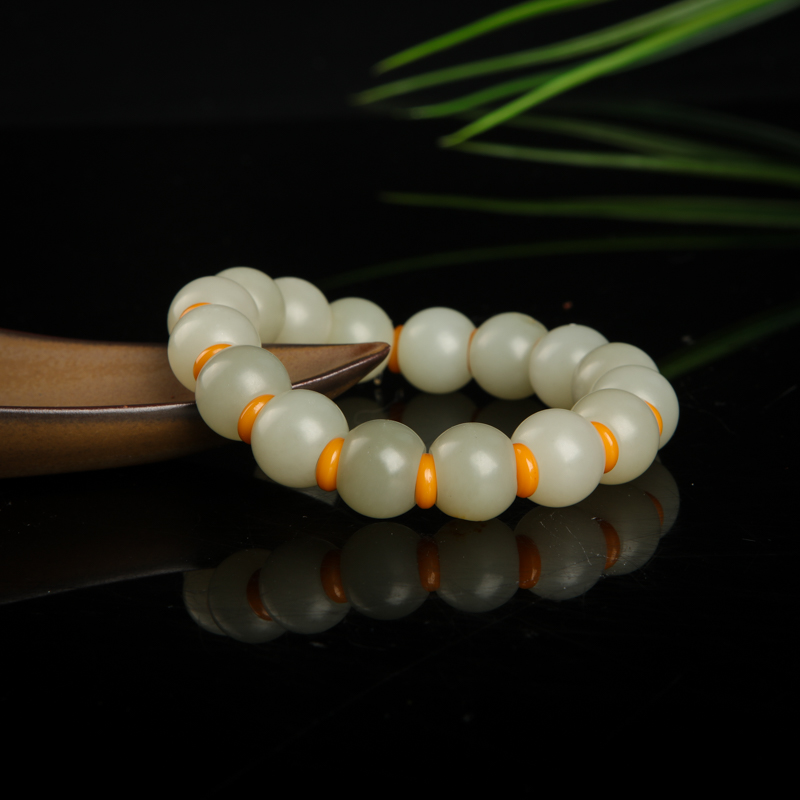 天然籽料和田青白玉桶珠手串-红掌柜