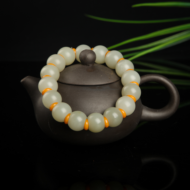 和田青白玉桶珠手串-红掌柜