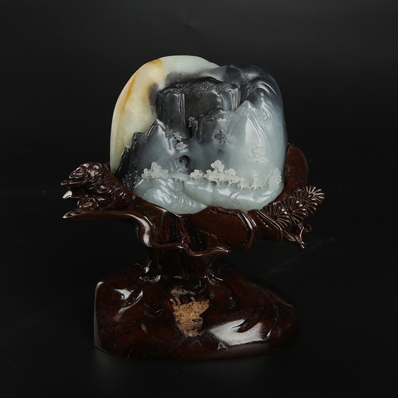 籽料俏色和田玉山水图摆件-红掌柜