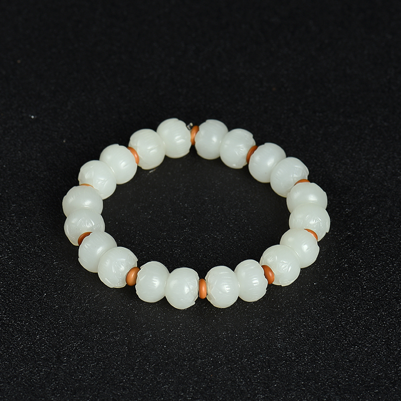 天然籽料和田白玉莲花珠手串-红掌柜