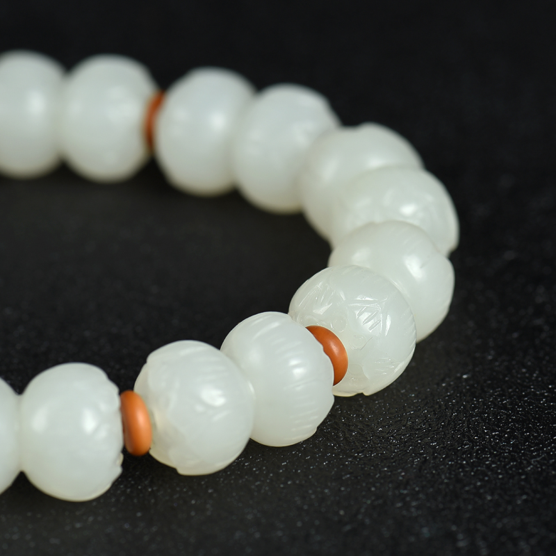 天然和田白玉莲花珠手串-红掌柜