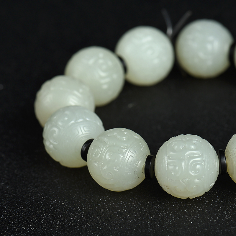 天然和田白玉回纹珠手串-红掌柜